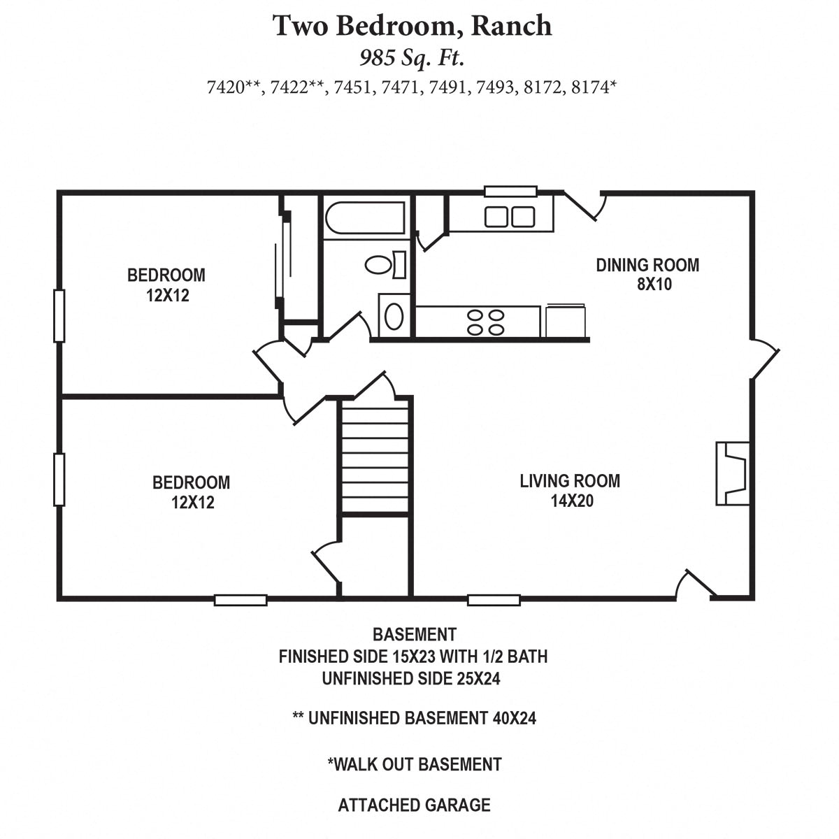 Floor plan for 2 beds, 1 bath, 985 sqft